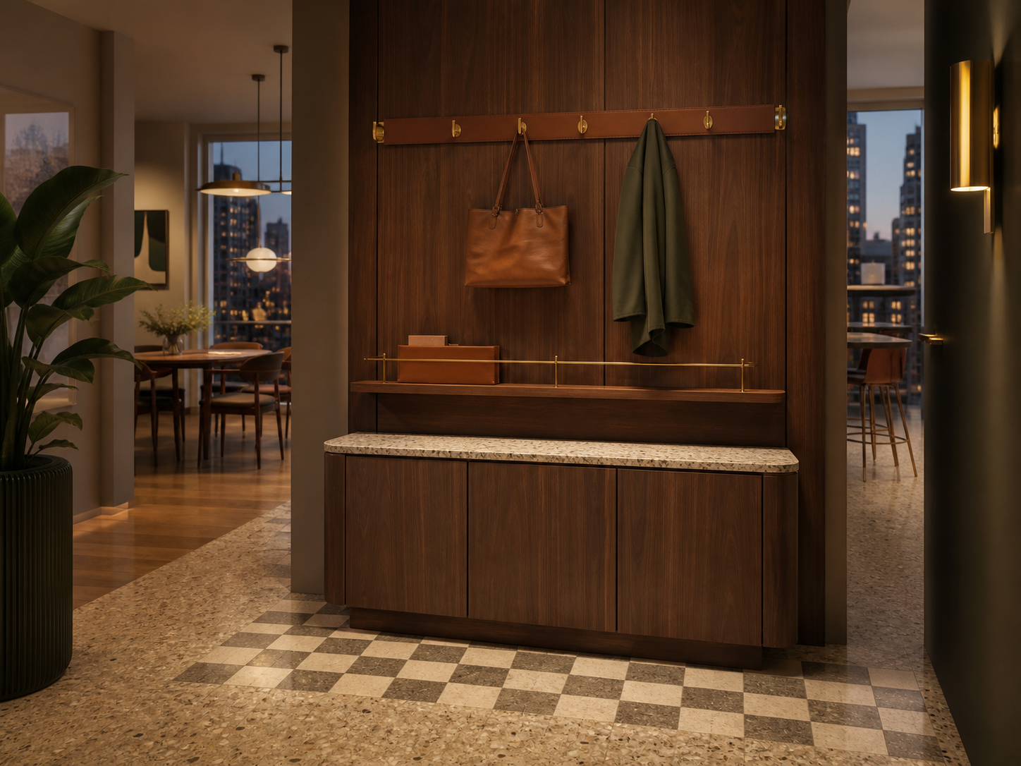 Fadior Savile Entryway Suite with Cognac Mail Rail Console — interior room context showing cabinet integration