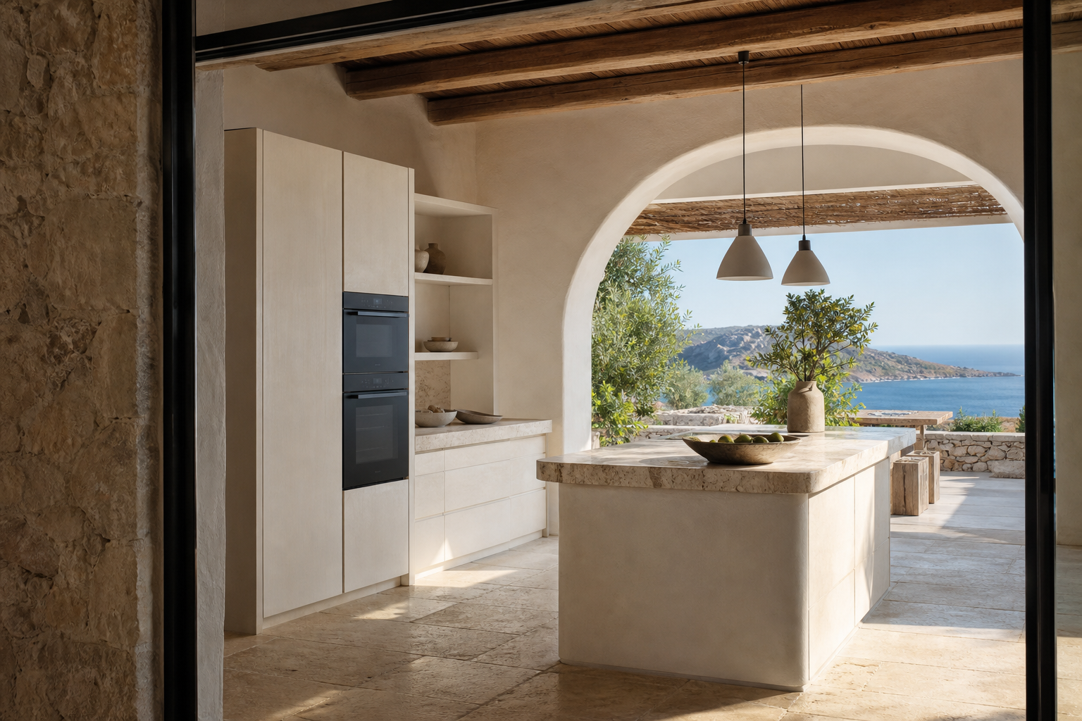 Fadior Solace Kitchen Suite with Artisan Oven Island Column — interior room context showing cabinet integration