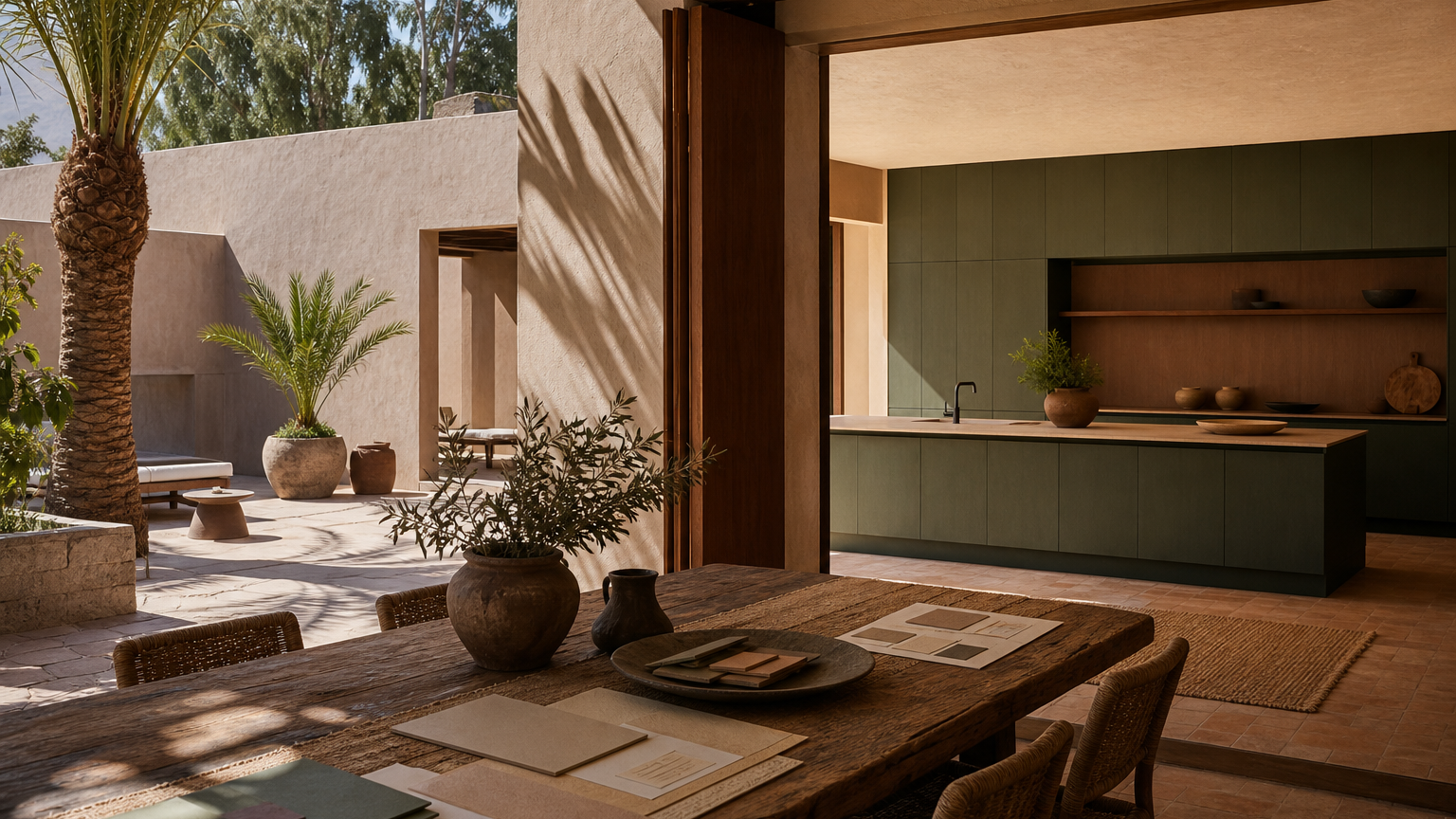 Hero image: bespoke villa kitchen opening to a courtyard with planning samples on a dining table.