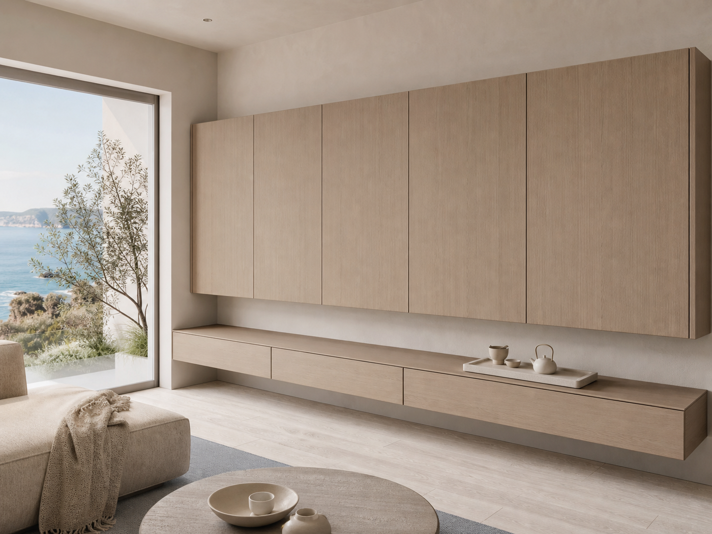Fadior Galleria Living Room Suite with Floating Tea Console — interior room context showing cabinet integration