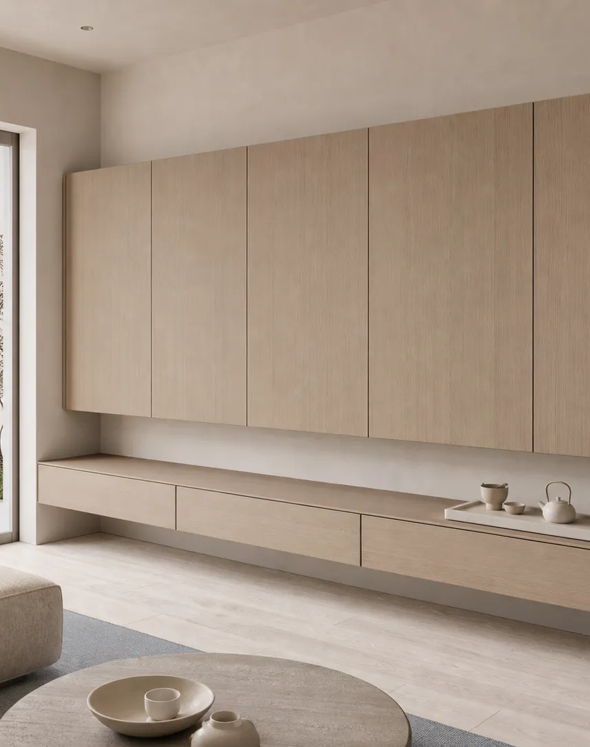 Fadior Galleria Living Room Suite with Floating Tea Console — interior room context showing cabinet integration