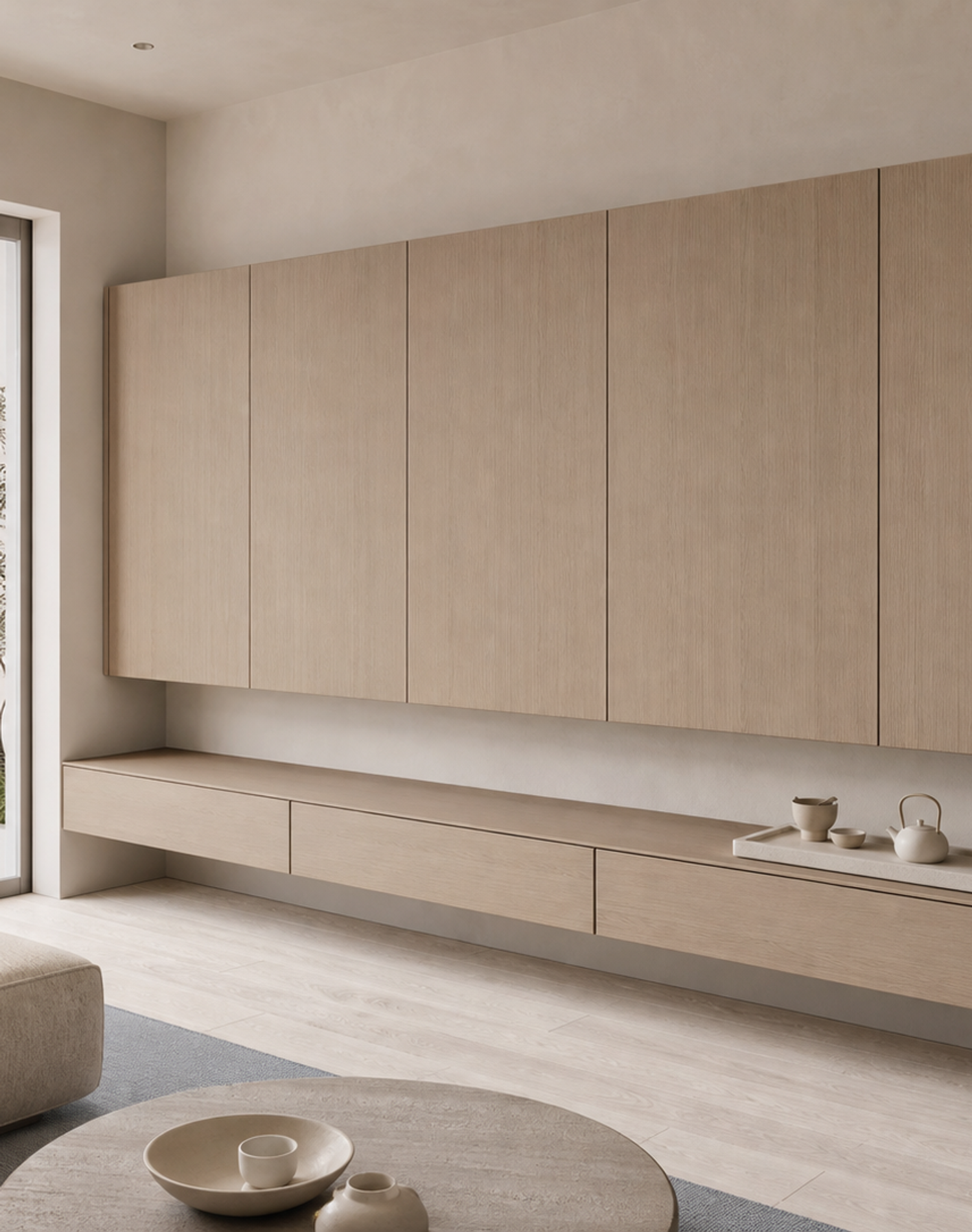 Fadior Galleria Living Room Suite with Floating Tea Console — interior room context showing cabinet integration