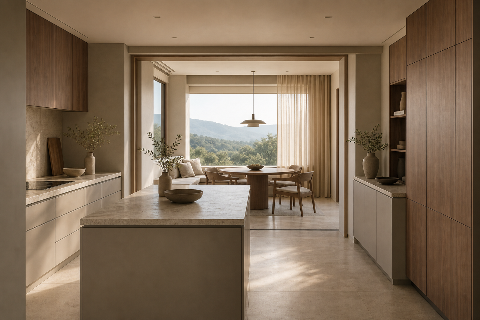 Quiet villa kitchen atmosphere with warm-grey cabinetry, finish samples, and soft morning specification light.