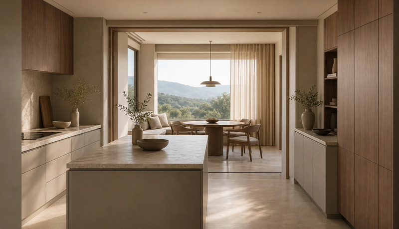 Quiet villa kitchen atmosphere with warm-grey cabinetry, finish samples, and soft morning specification light. — 304 stainless steel cabinetry editorial by Fadior