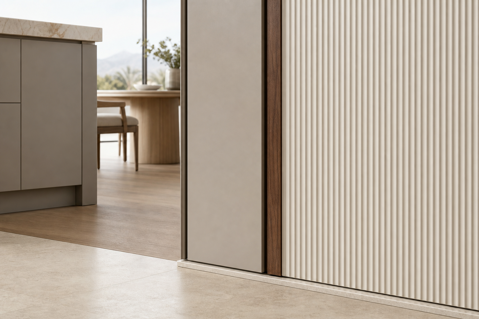 Fadior Alabaster Interior Door Suite with Pearl Reeded Pocket Door — close-up of stainless steel finish and hardware detail