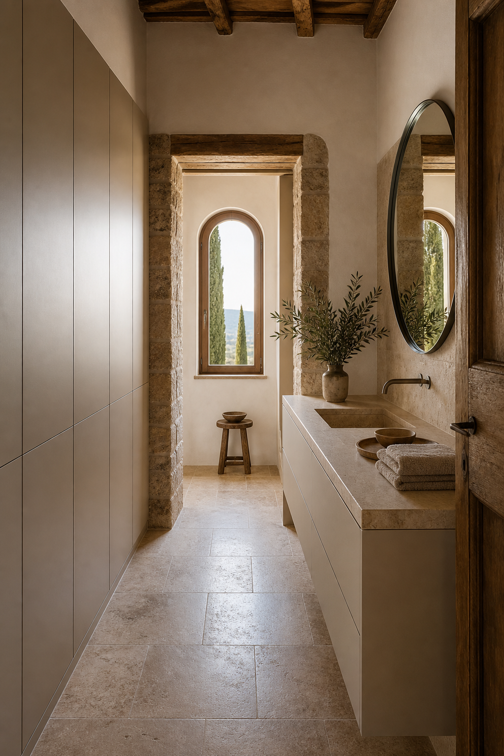 Fadior Siena Compact Residence — vanity counter, wardrobe wall, round mirror, stone basin, linen towels, arched window