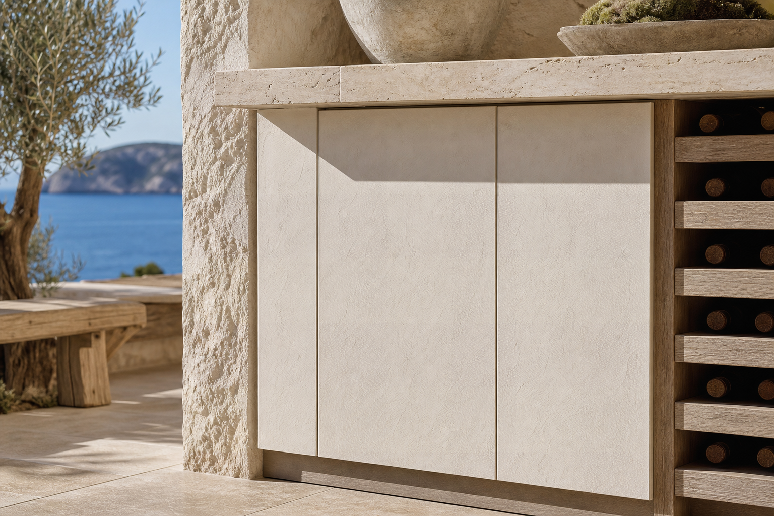 Fadior Grotto Wine Cabinet Suite with Terrazzo Tasting Niche — close-up of stainless steel finish and hardware detail
