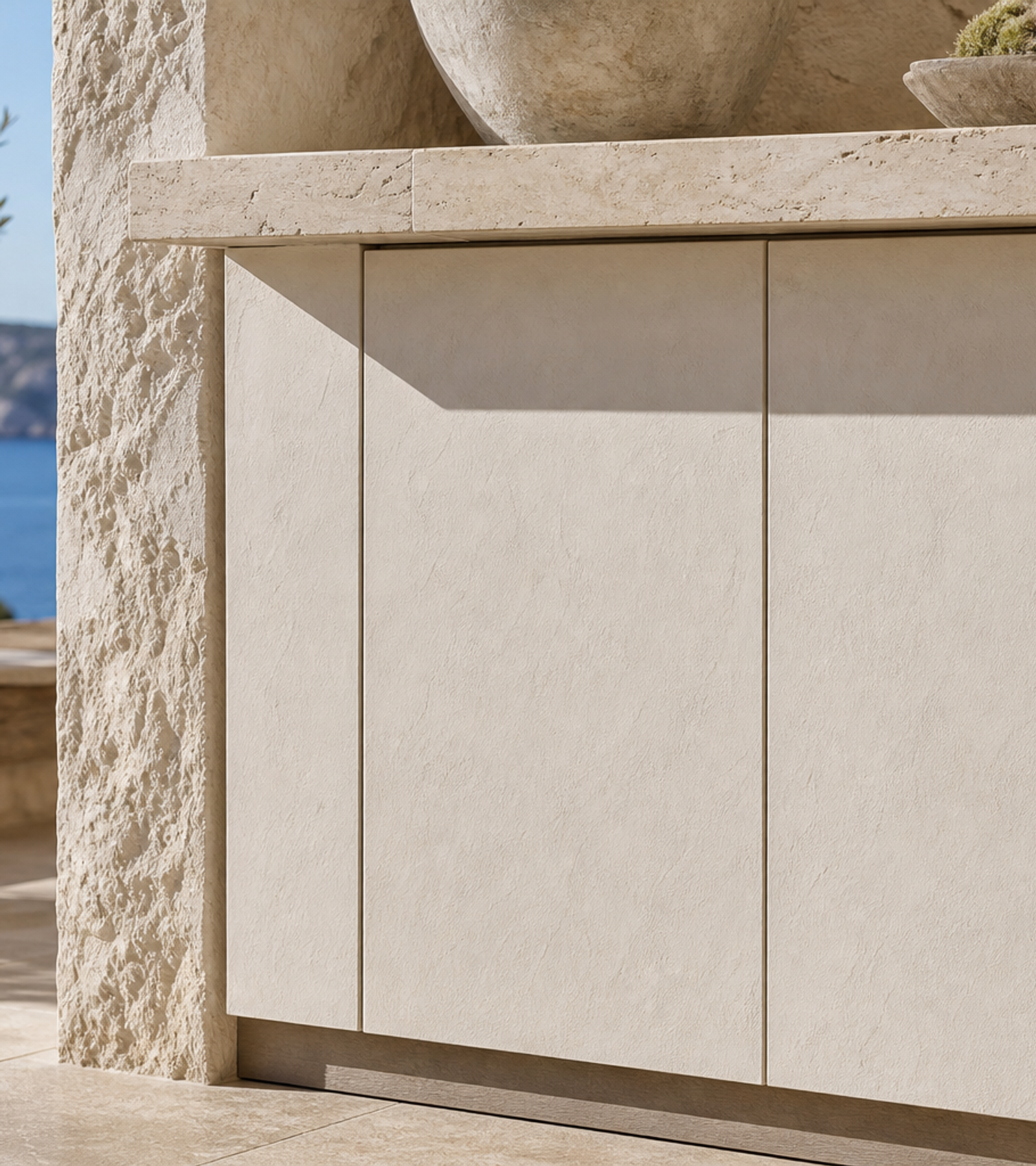 Fadior Grotto Wine Cabinet Suite with Terrazzo Tasting Niche — close-up of stainless steel finish and hardware detail