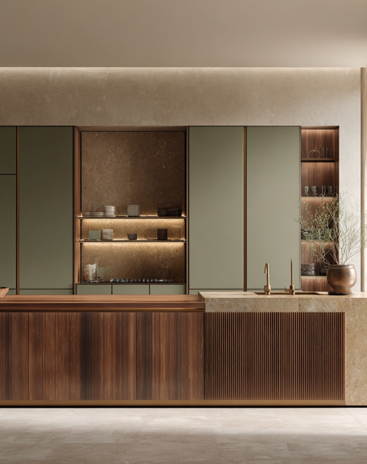 Arched architectural kitchen with vertical-grain walnut panels, olive green glass sliding doors, and limestone countertop in a minimal elegant composition