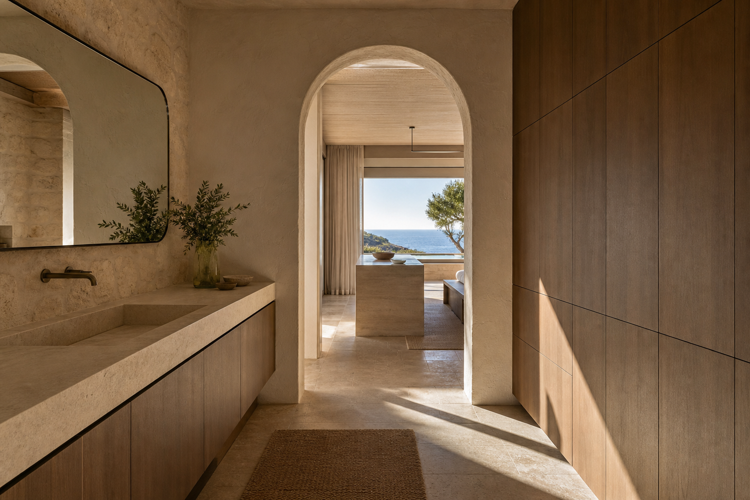 Fadior Cape Town 600 sqm Kitchen Villa — vanity counter, cabinet wall, mirror, stone floor, ocean doorway