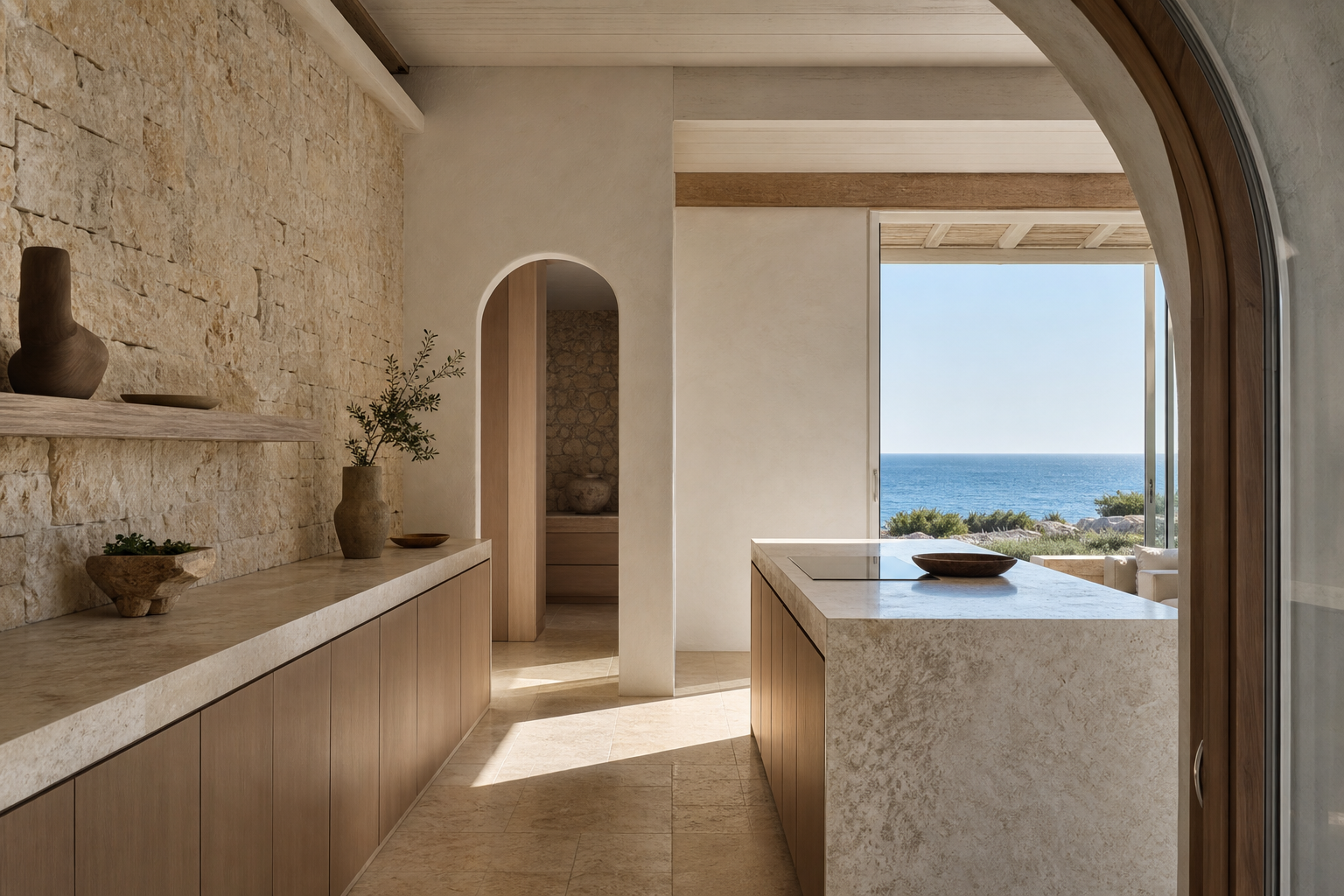 Fadior Cape Town 600 sqm Kitchen Villa — limestone wall, stone counter, cabinet face, travertine floor, ocean light