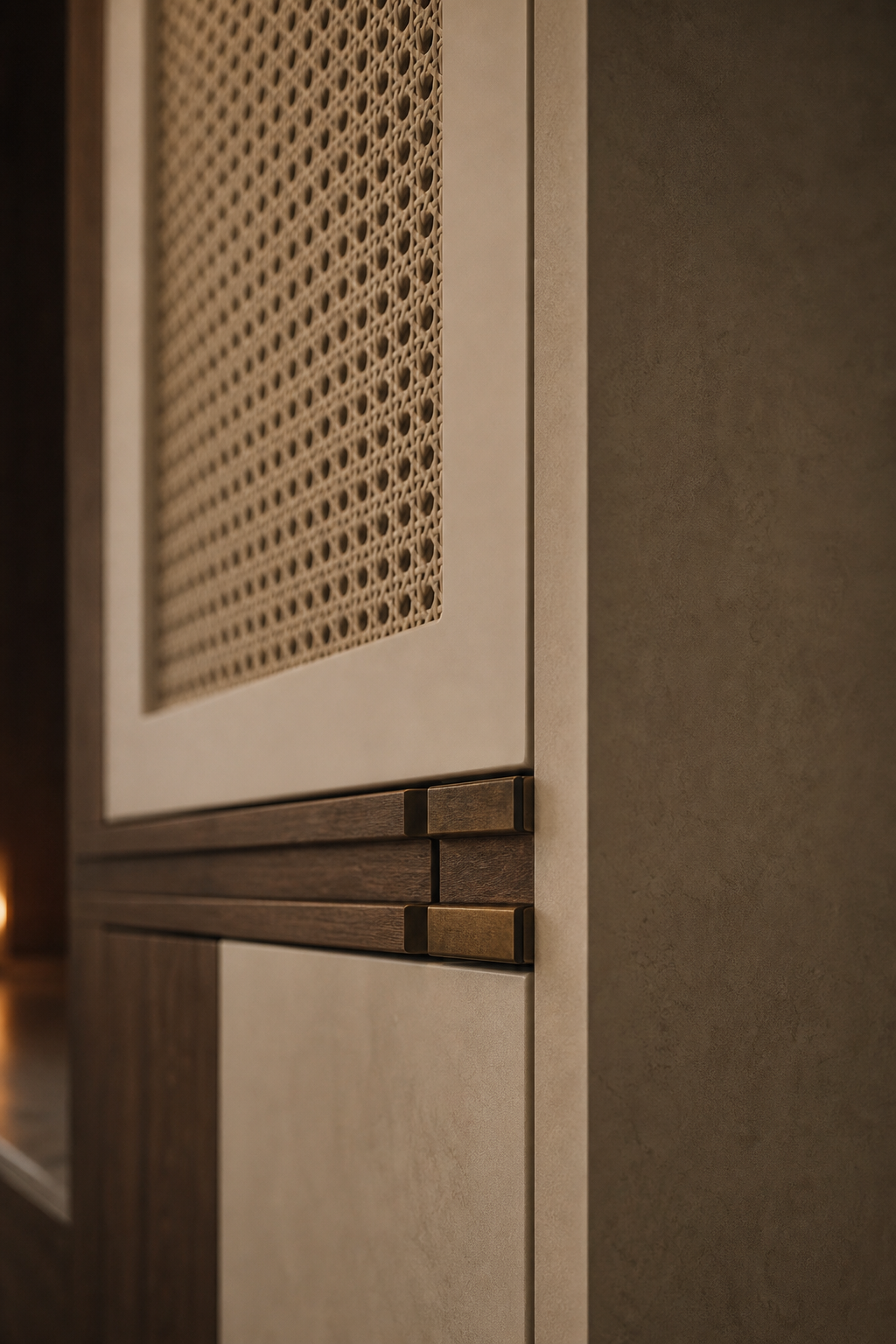 Fadior Lumiere Wardrobe Suite with Caned Pearl Dressing Niche — close-up of stainless steel finish and hardware detail