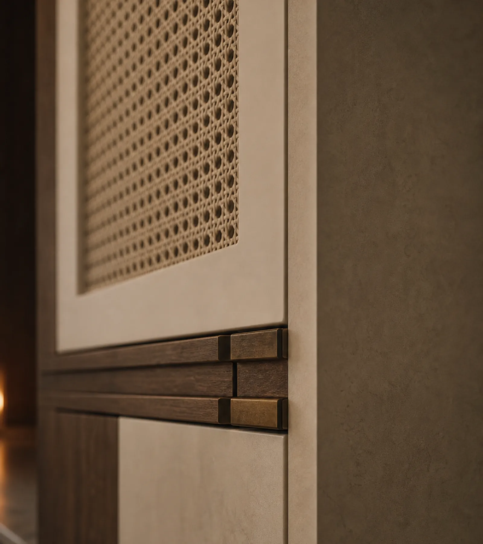 Fadior Lumiere Wardrobe Suite with Caned Pearl Dressing Niche — close-up of stainless steel finish and hardware detail