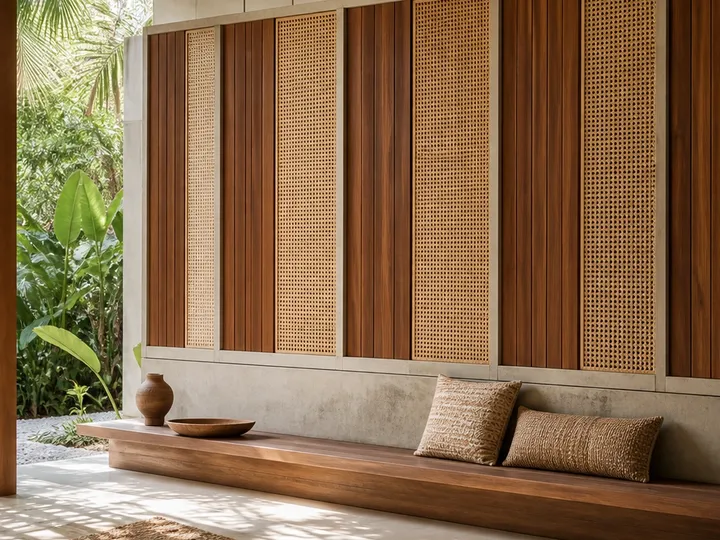Fadior Terrazzo Wall Panel Suite with Segmented Bench Backdrop — 304 stainless steel wall panel system, front view
