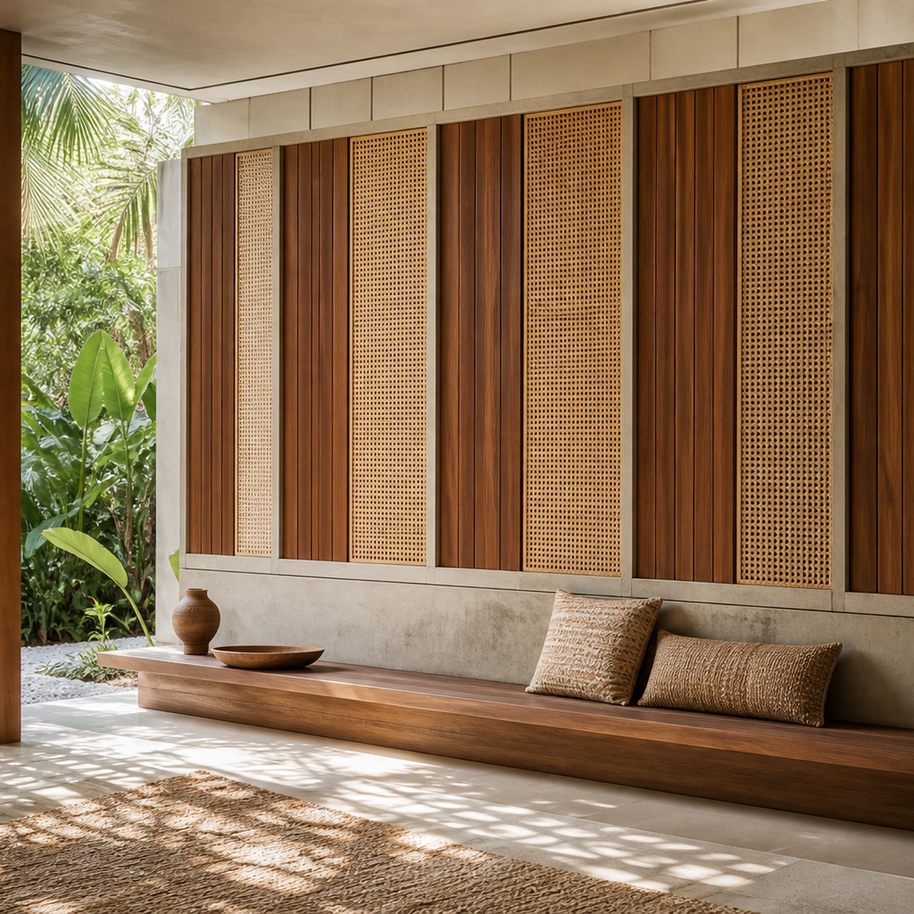 Fadior Terrazzo Wall Panel Suite with Segmented Bench Backdrop — 304 stainless steel wall panel system, front view