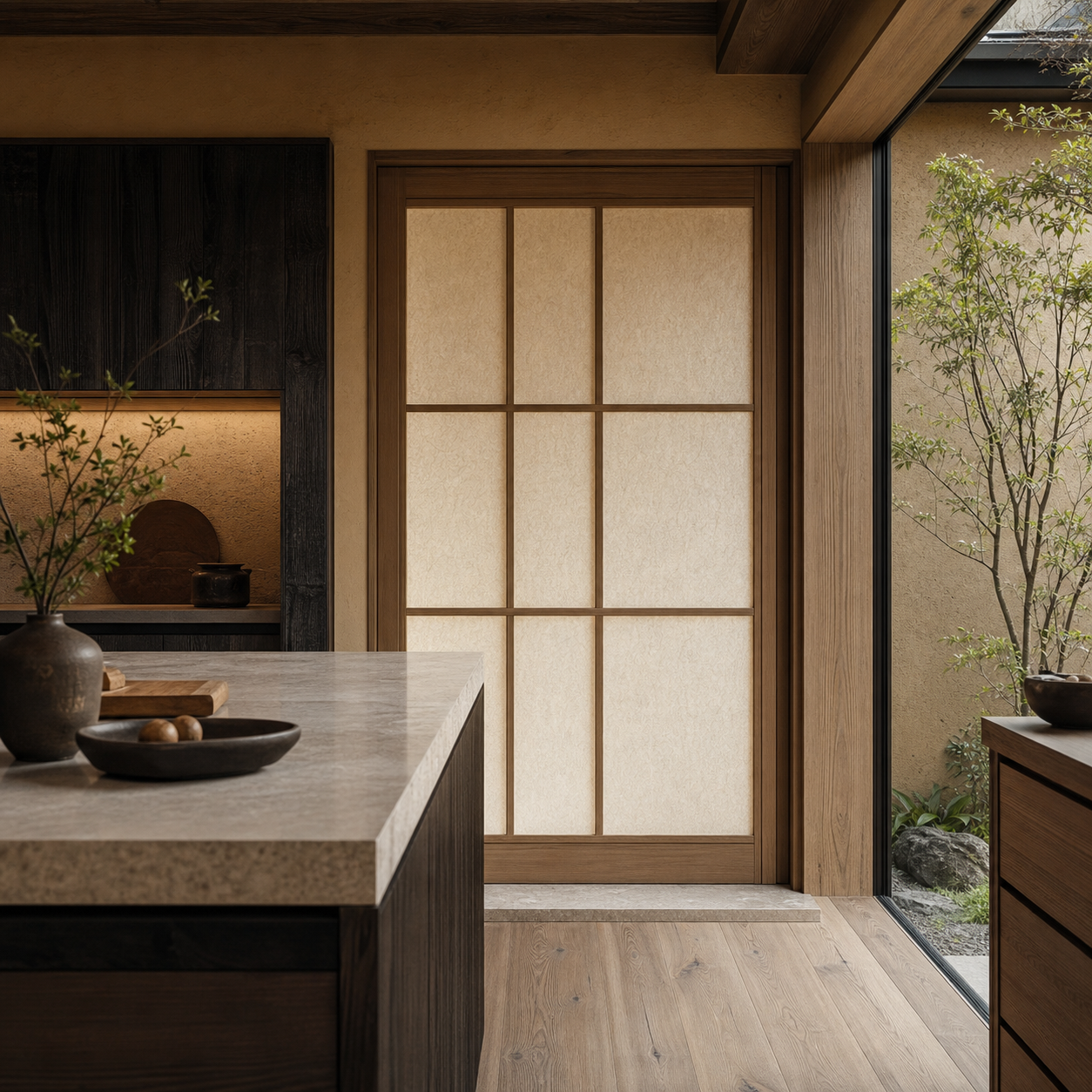 Fadior Silhouette Cypress Lattice Threshold Door — interior room context showing cabinet integration
