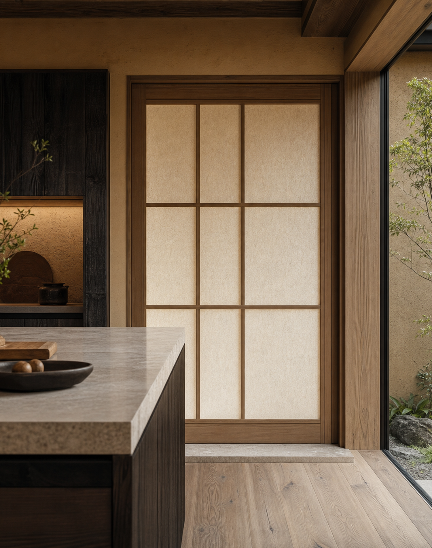 Fadior Silhouette Cypress Lattice Threshold Door — interior room context showing cabinet integration