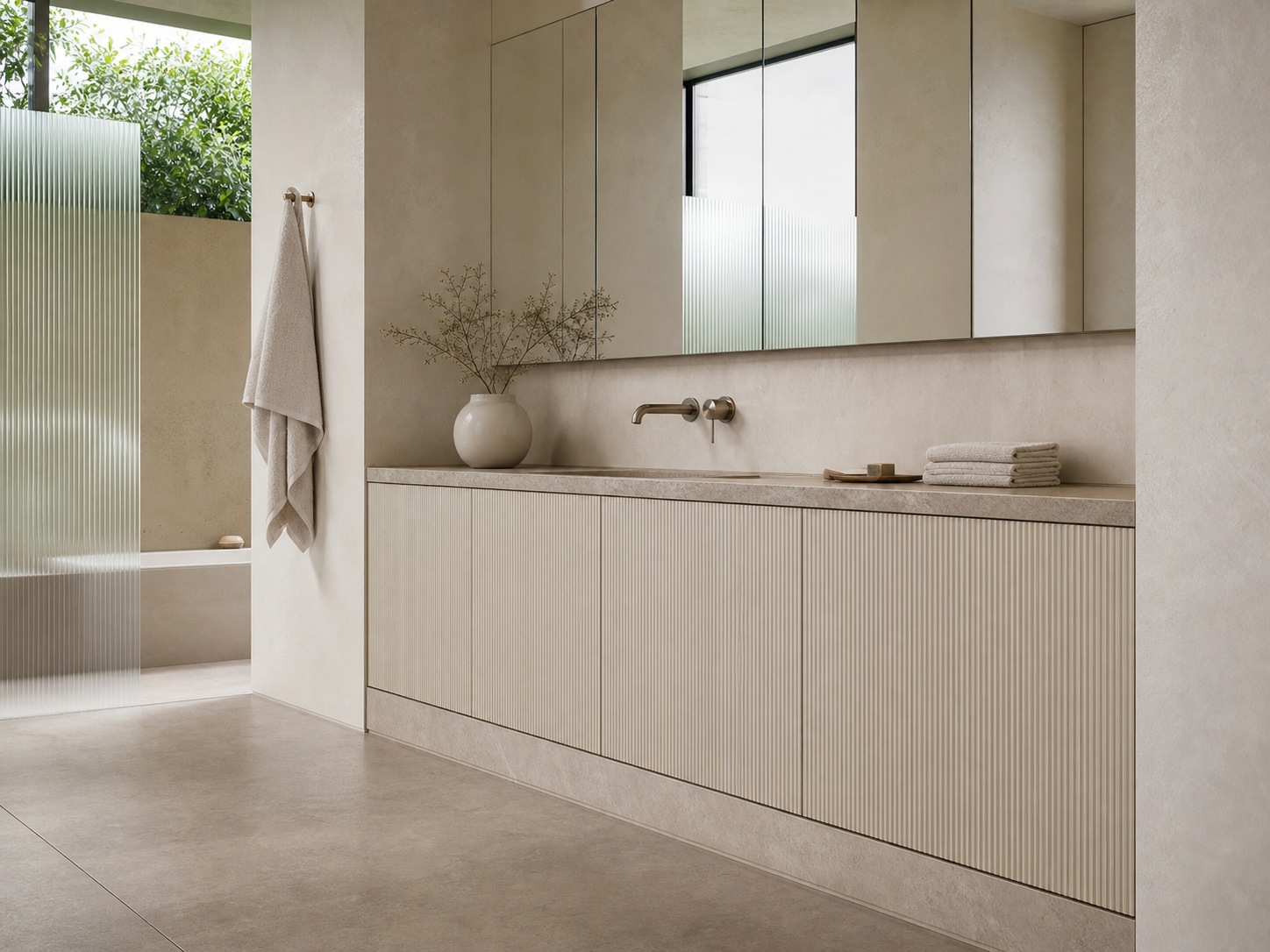 Fadior Solstice Bath and Vanity Suite with Fluted Onsen Linen Plinth — interior room context showing cabinet integration