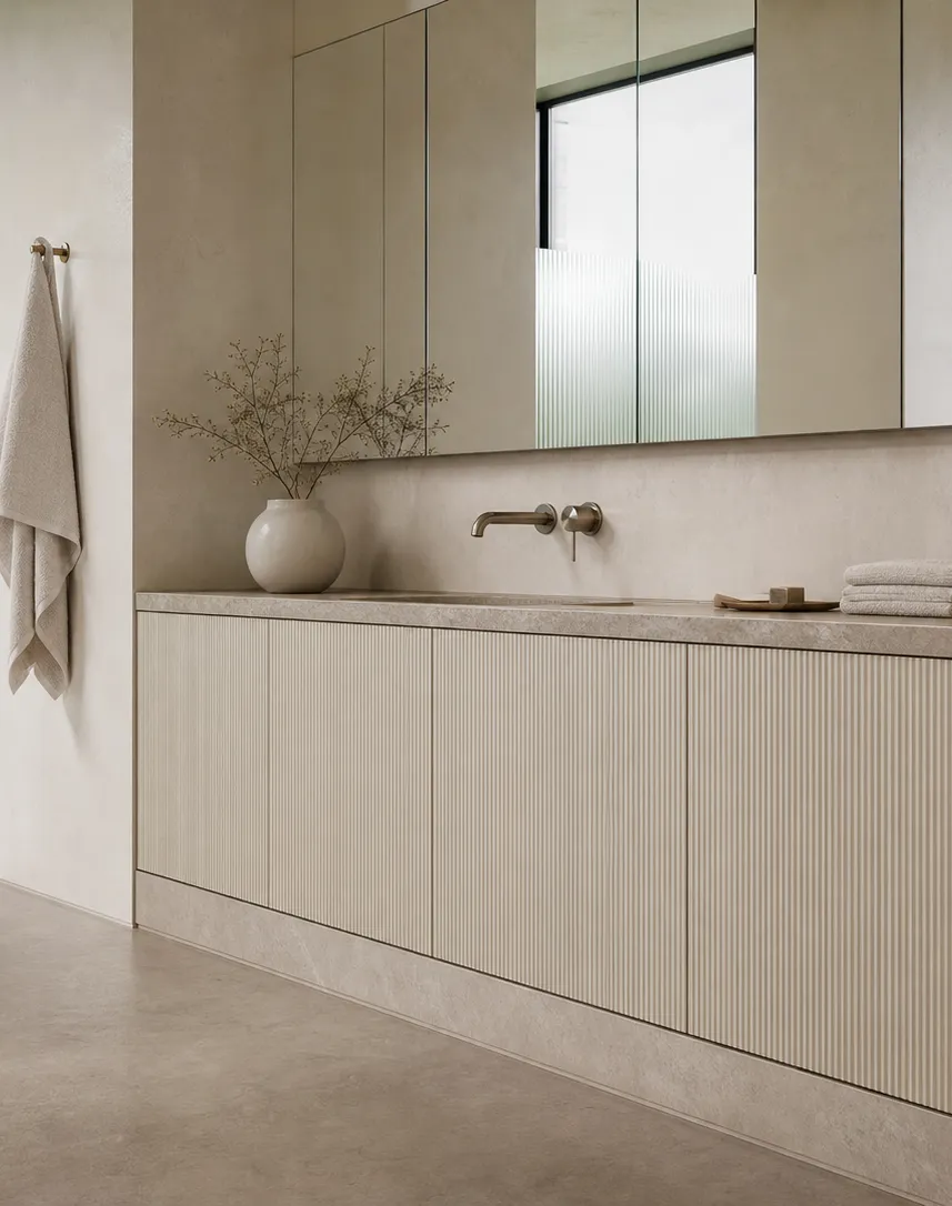 Fadior Solstice Bath and Vanity Suite with Fluted Onsen Linen Plinth — interior room context showing cabinet integration
