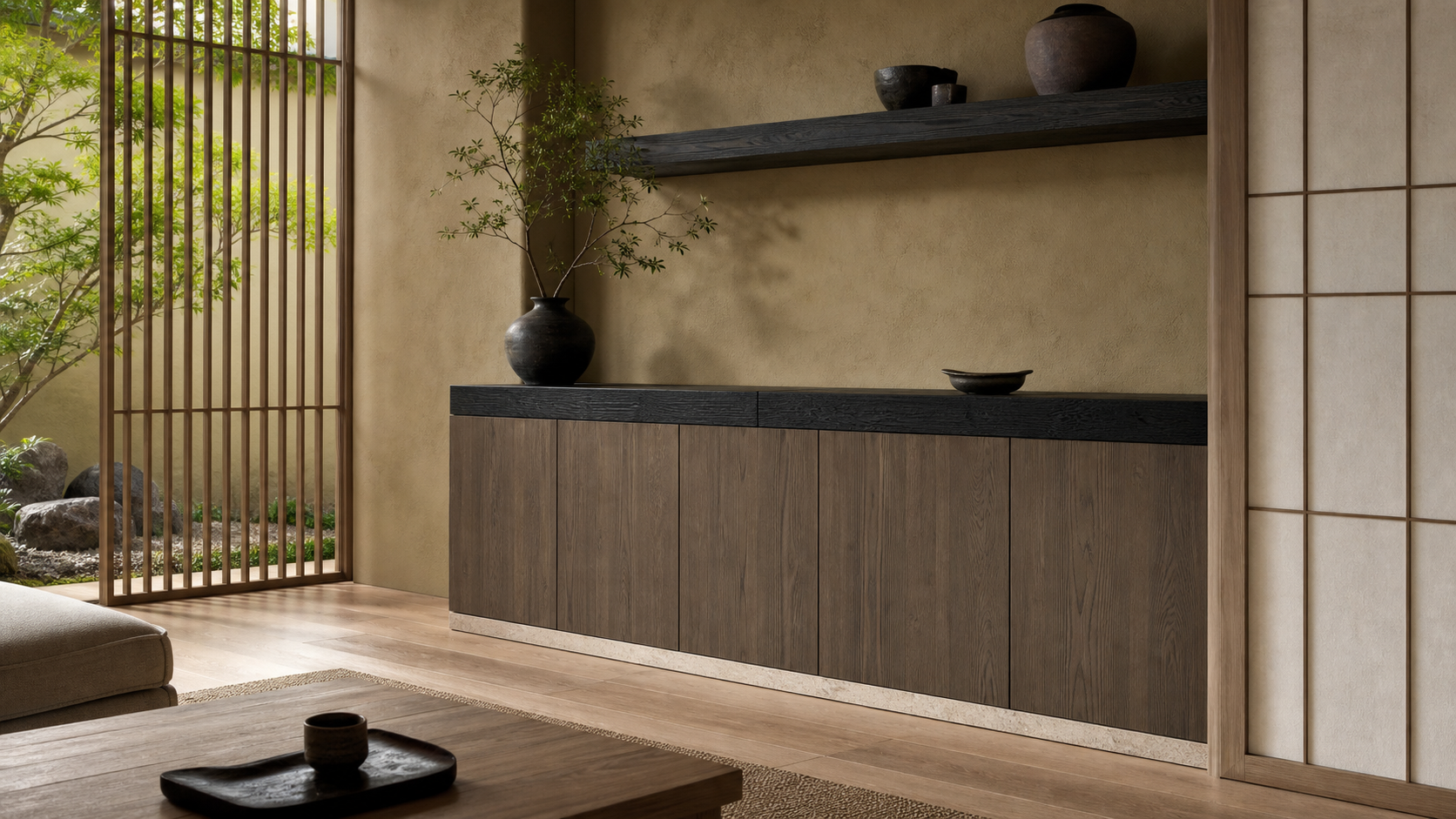 Fadior Veneto Living Room Suite with Olive Plaster Curio Console — lifestyle setting with natural light and residential