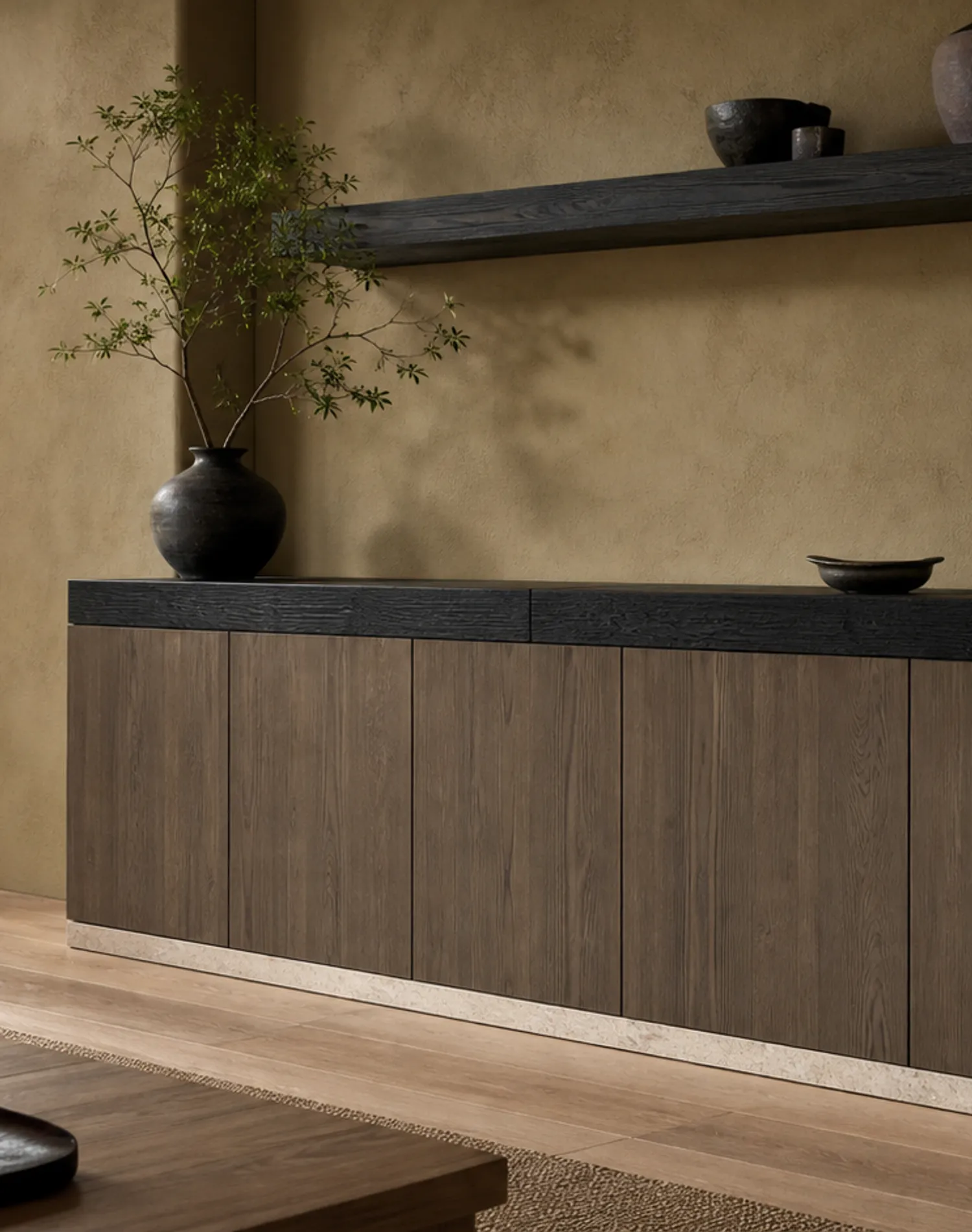 Fadior Veneto Living Room Suite with Olive Plaster Curio Console — lifestyle setting with natural light and residential
