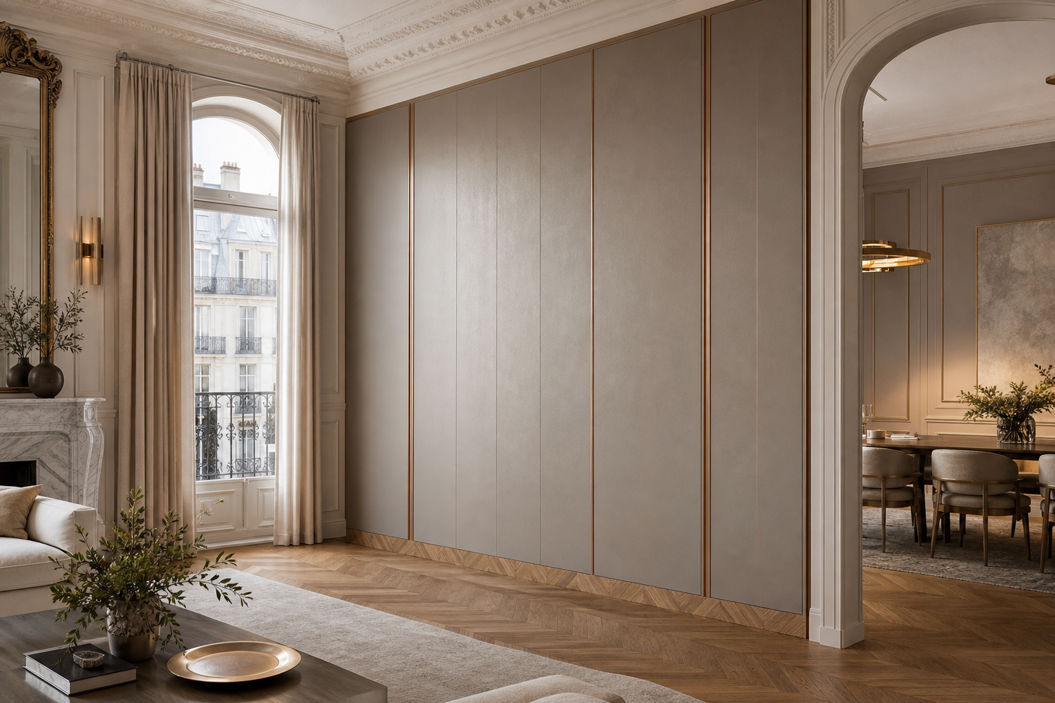 Fadior Terrazzo Wall Panel Suite with Spectral Oxide Salon Wall — interior room context showing cabinet integration
