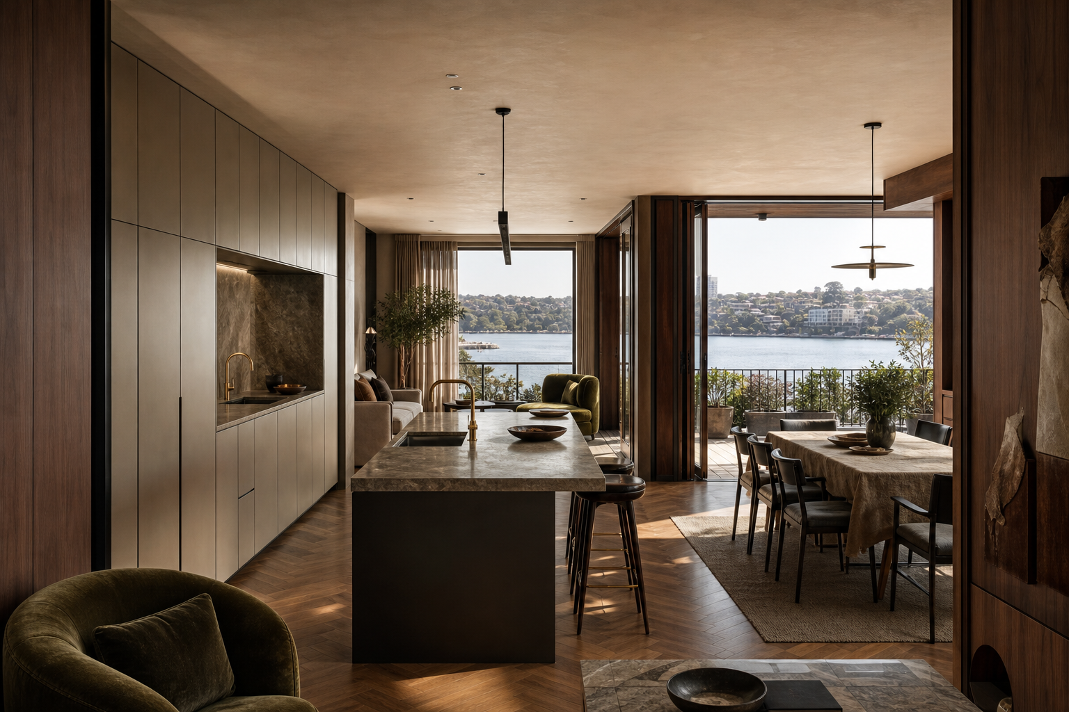 Fadior Sydney Compact Residence — Sydney dining and lounge room with kitchen island, walnut storage wall, oak parquet floor,