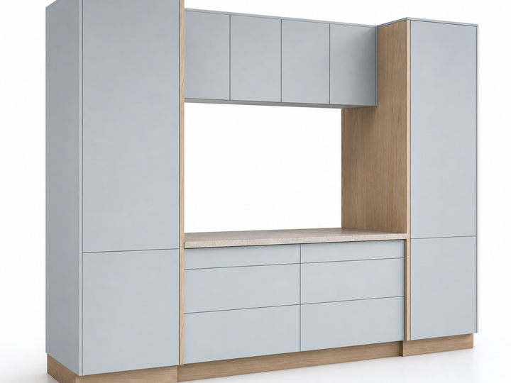 Fadior Meridian Kitchen Suite with Tidal Pantry Bridge — 304 stainless steel kitchen system, front view