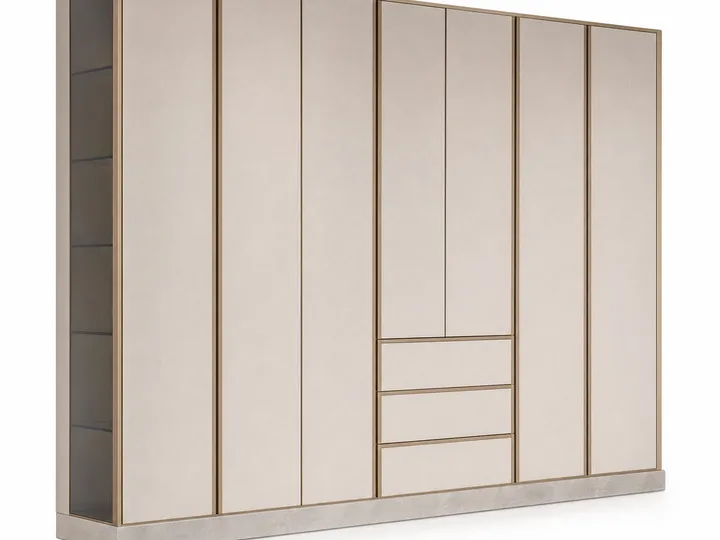 Fadior Resonance Wardrobe Suite with Linen Pivot Dressing Wall — 304 stainless steel wardrobe system, front view