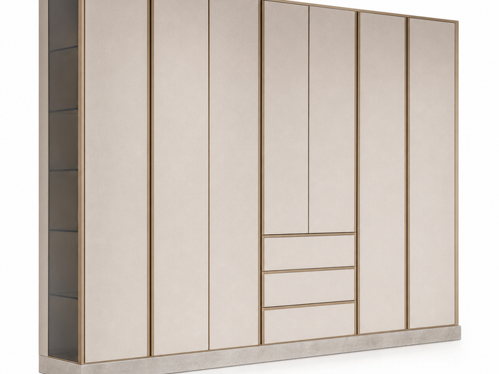 Fadior Resonance Wardrobe Suite with Linen Pivot Dressing Wall — 304 stainless steel wardrobe system, front view