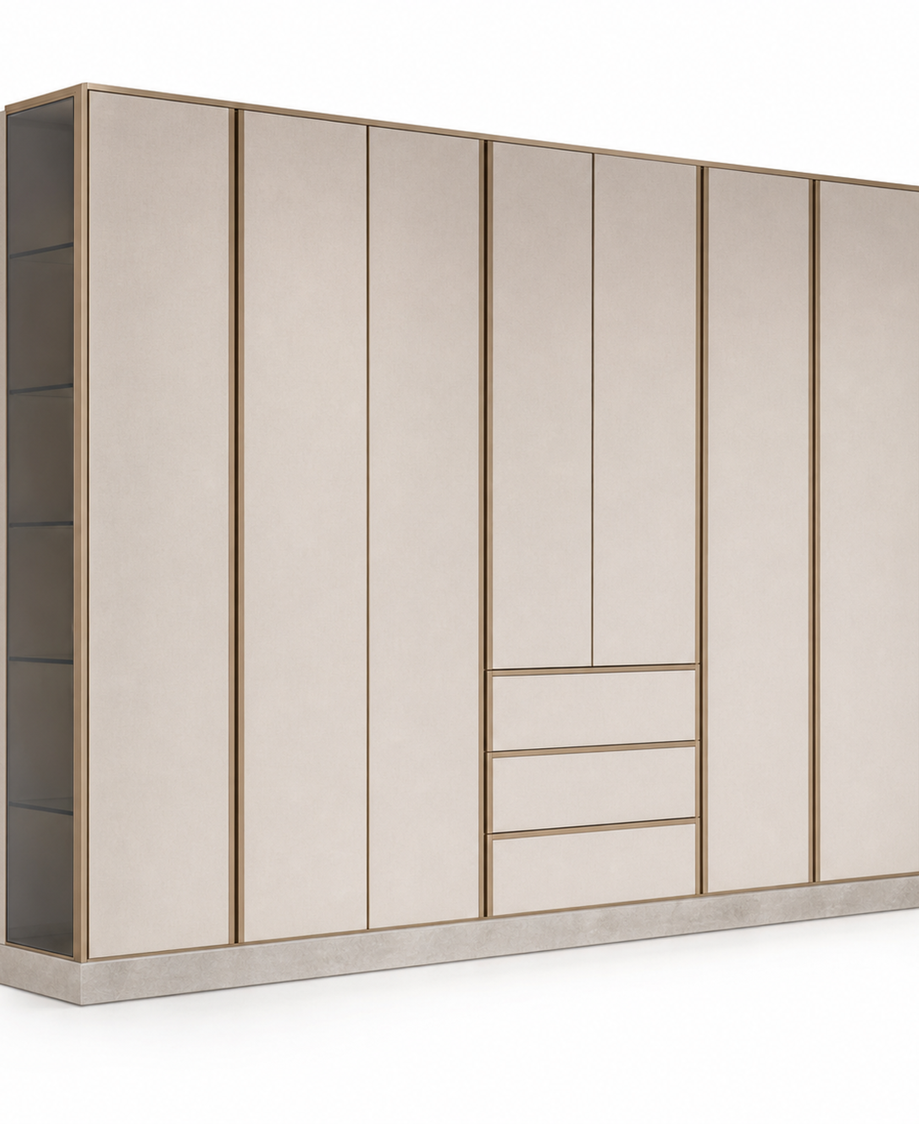 Fadior Resonance Wardrobe Suite with Linen Pivot Dressing Wall — 304 stainless steel wardrobe system, front view