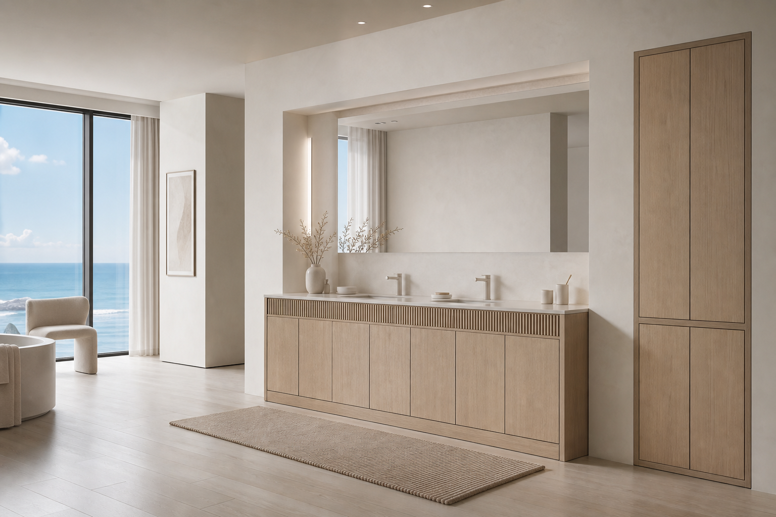 Fadior Verve Bath and Vanity Suite with Ribbed Mixer Basin Rail — interior room context showing cabinet integration