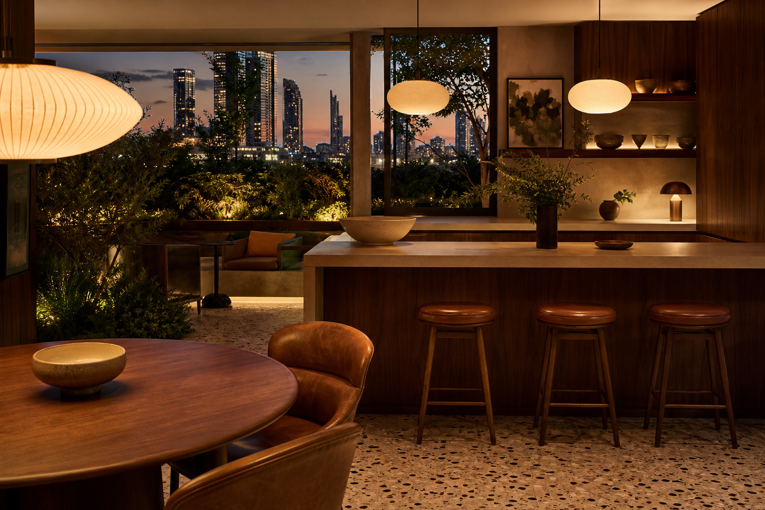 Fadior Kuwait City 85 sqm Kitchen Villa — Kuwait City kitchen surface with walnut shelf, terrazzo counter, pendant lamp,