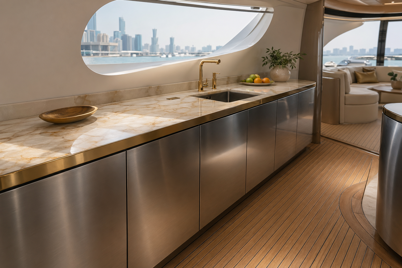 Fadior Gulf Custom Yacht — stainless counter, galley cabinet, onyx countertop, teak floor, curved window