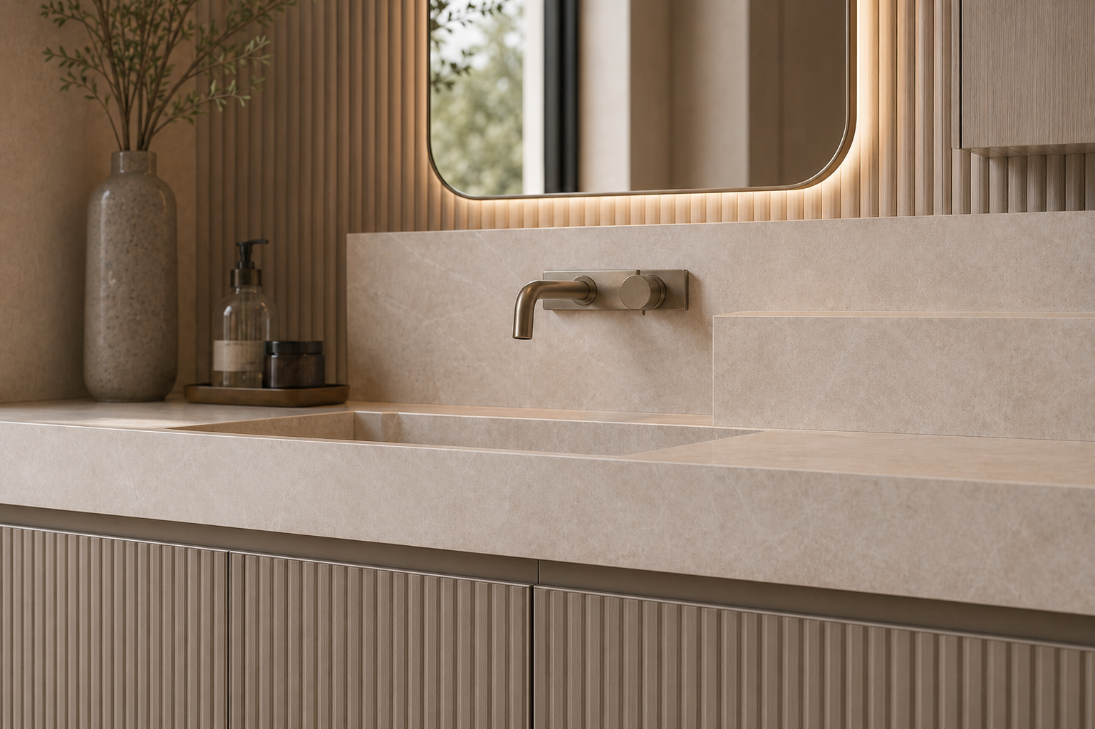 Fadior Verve Bath and Vanity Suite with Sculpted Faucet Ledge — close-up of stainless steel finish and hardware detail