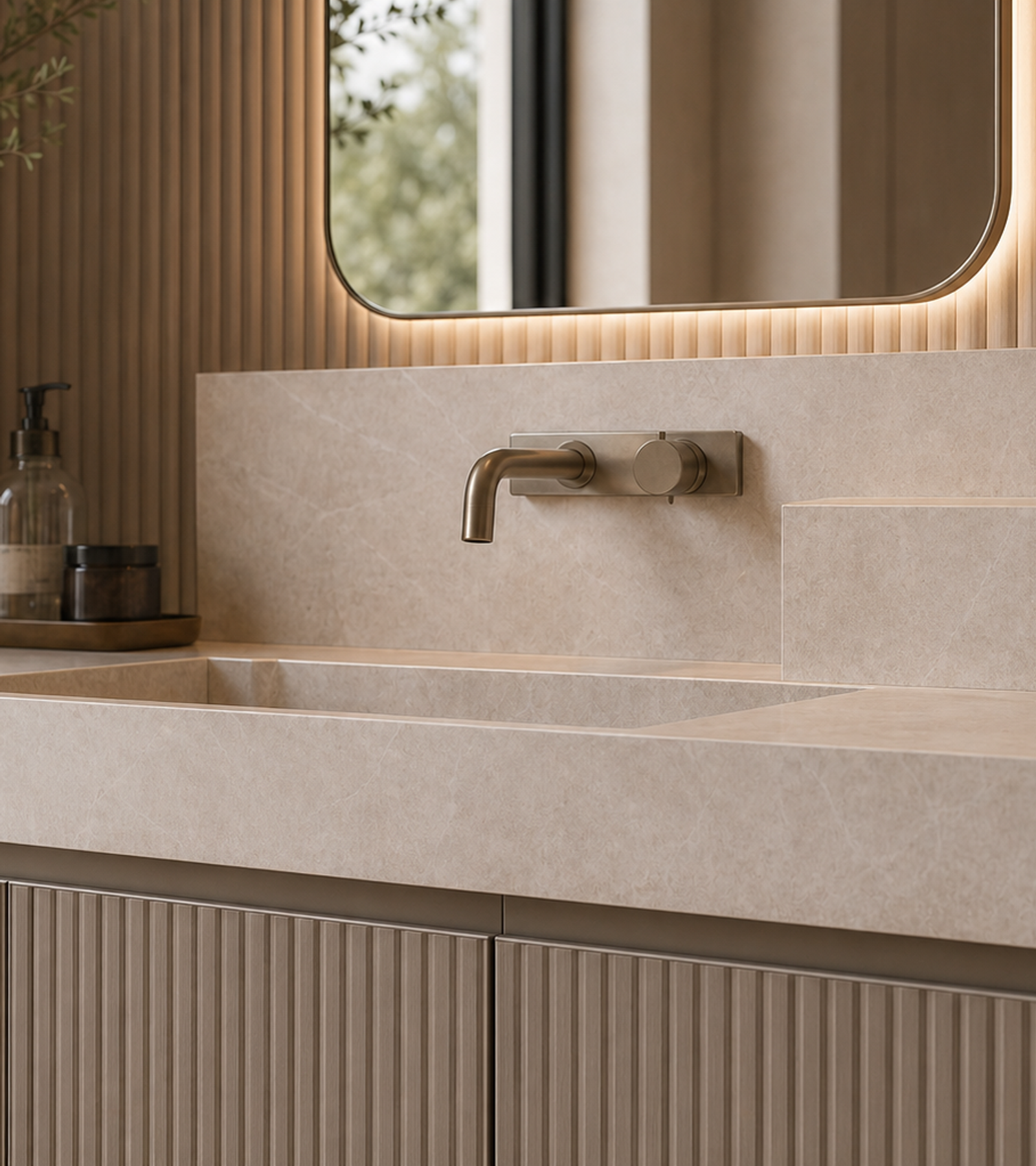 Fadior Verve Bath and Vanity Suite with Sculpted Faucet Ledge — close-up of stainless steel finish and hardware detail