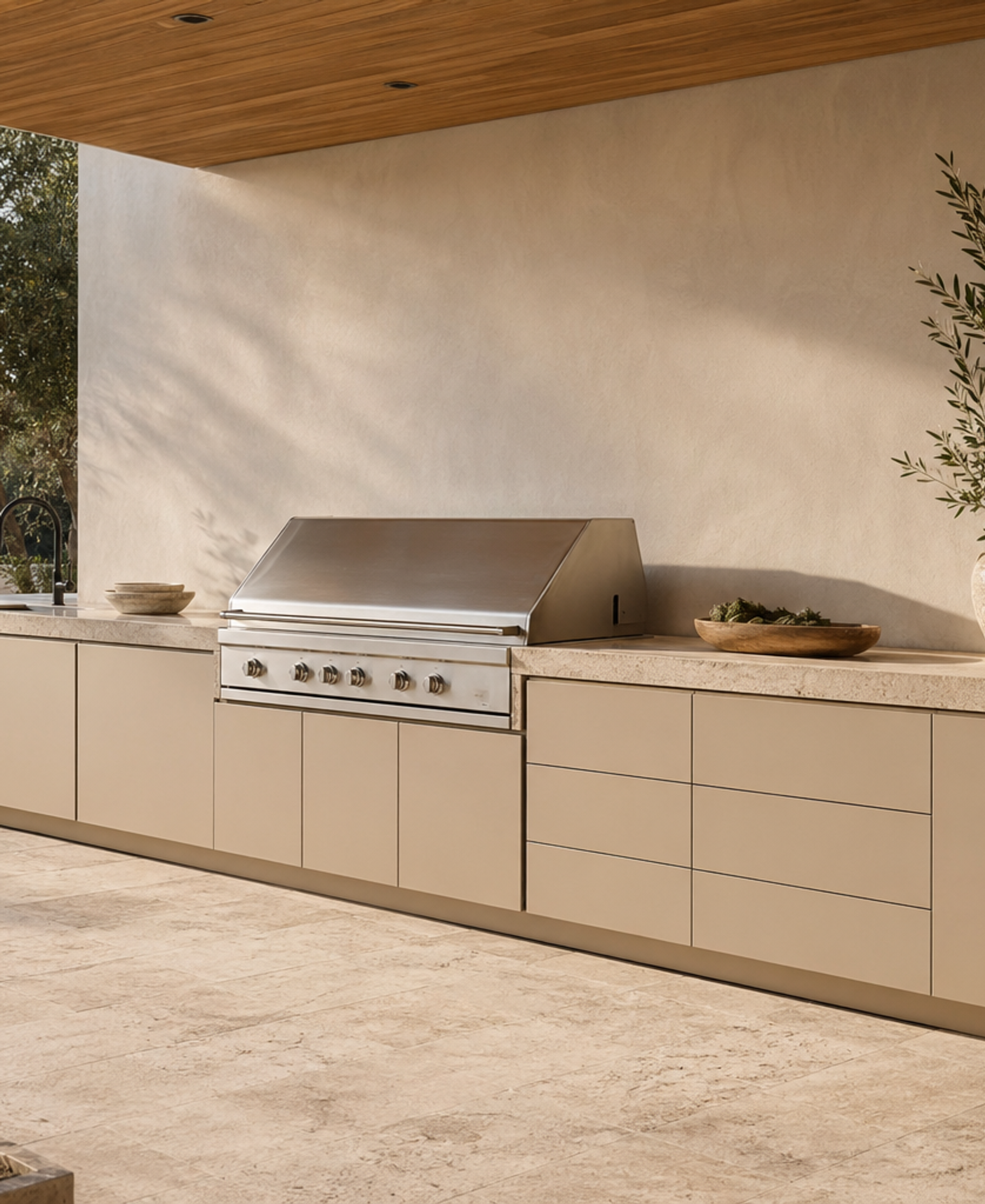 Fadior Horizon Outdoor Kitchen Suite with Travertine Courtyard Grill Line — 304 stainless steel outdoor kitchen system, front view