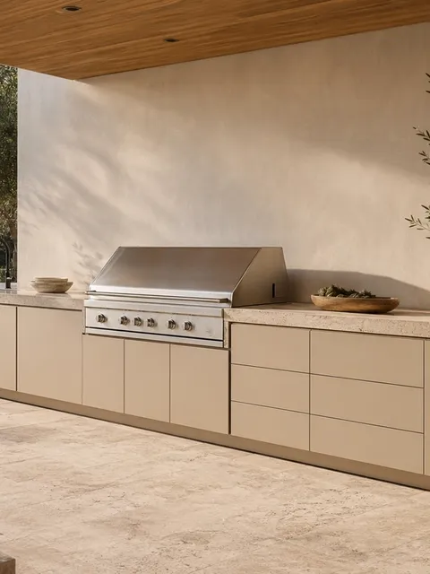 Suite de Cocina Exterior Horizon con Línea de Parrilla de Patio en Travertino