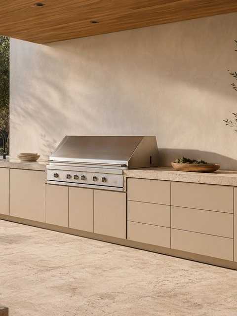 Fadior Horizon Outdoor Kitchen Suite with Travertine Courtyard Grill Line — 304 stainless steel outdoor kitchen system, front view