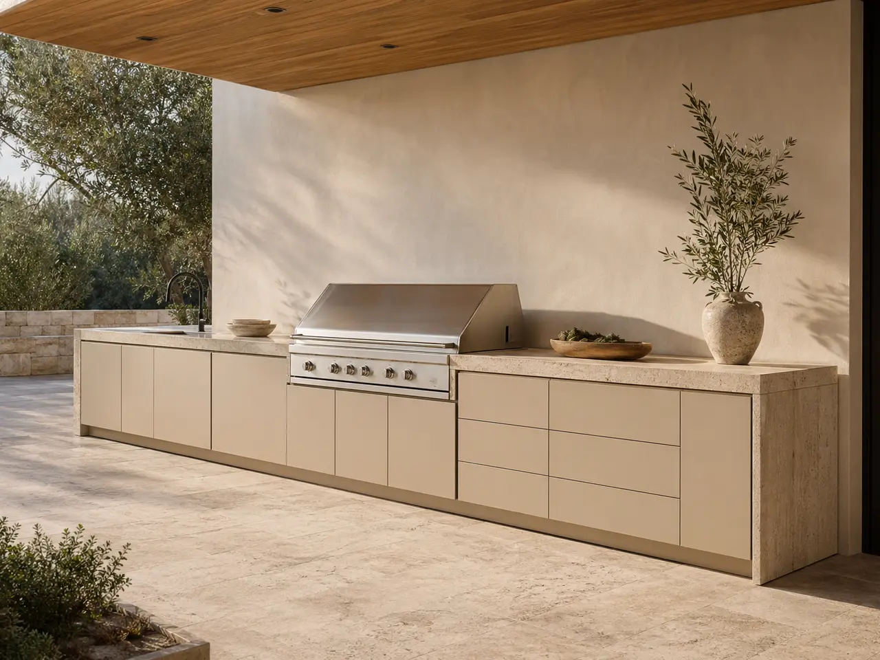 Fadior Horizon Outdoor Kitchen Suite with Travertine Courtyard Grill Line - 304 stainless steel outdoor kitchen cabinetry with grill, sink, prep counter, weather-ready storage, and open-air use