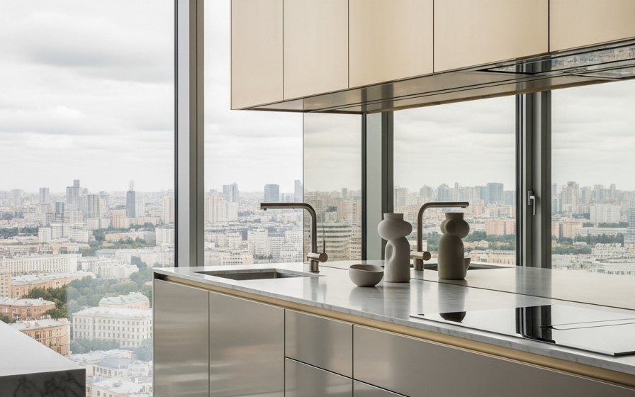 Fadior Moscow City Penthouse — 304 stainless steel kitchen system, architectural view