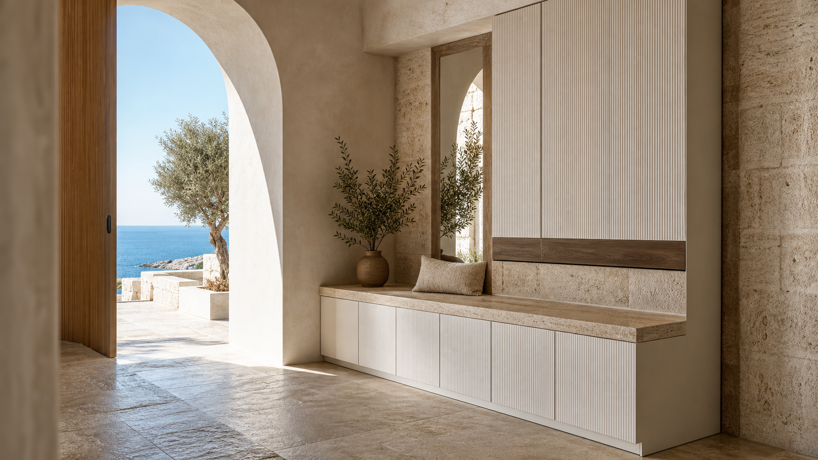 Fadior Loggia Entryway Suite with Reeded Parcel Valet — lifestyle setting with natural light and residential styling