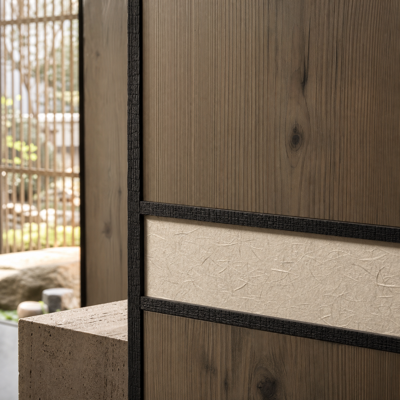 Fadior Terrazzo Wall Panel Suite with Silvered Service Inlay Wall — close-up of stainless steel finish and hardware detail