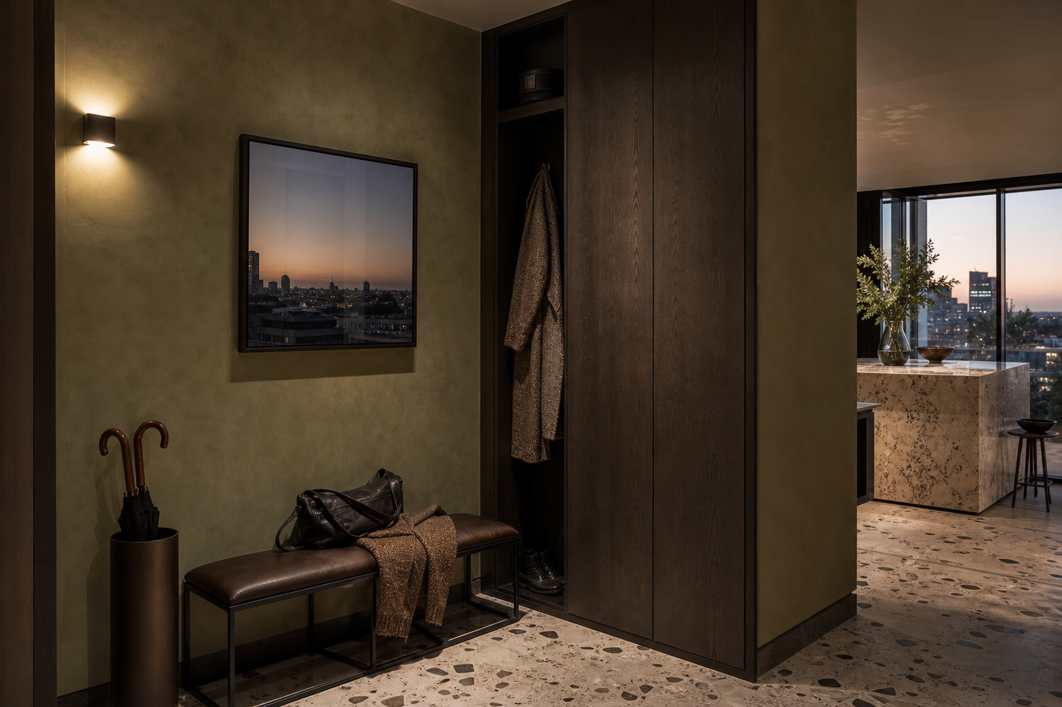 Fadior London 80 sqm Kitchen Penthouse — Fadior London entry storage — oak cabinet, terrazzo floor, plaster wall,