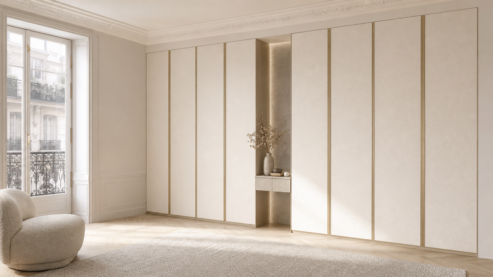 Fadior Lumiere Wardrobe Suite with Boucle Pocket Dressing Wall — lifestyle setting with natural light and residential styling