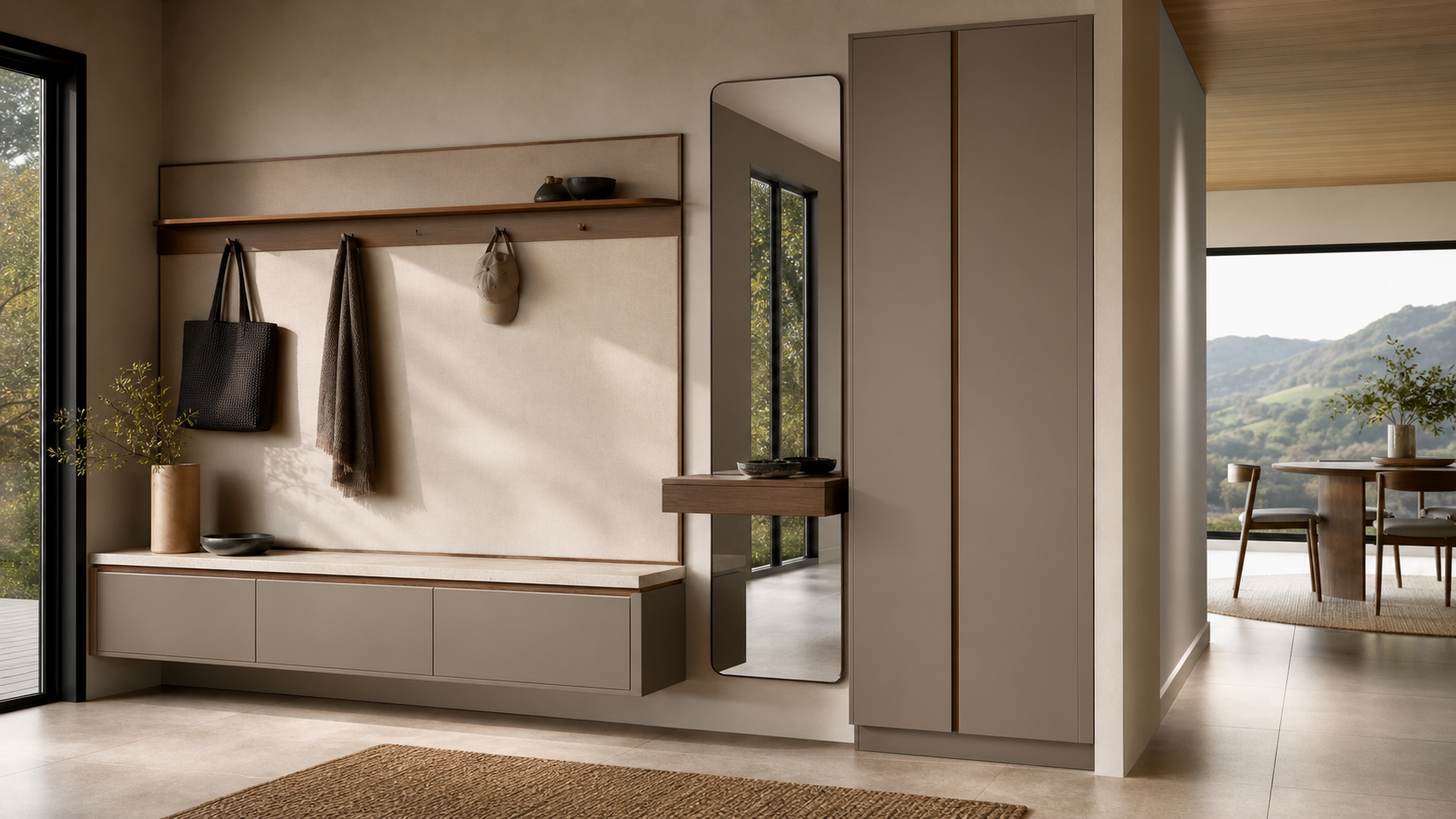 Fadior Ecliptic Entryway Suite with Floating Valet Mirror Pier — lifestyle setting with natural light and residential styling