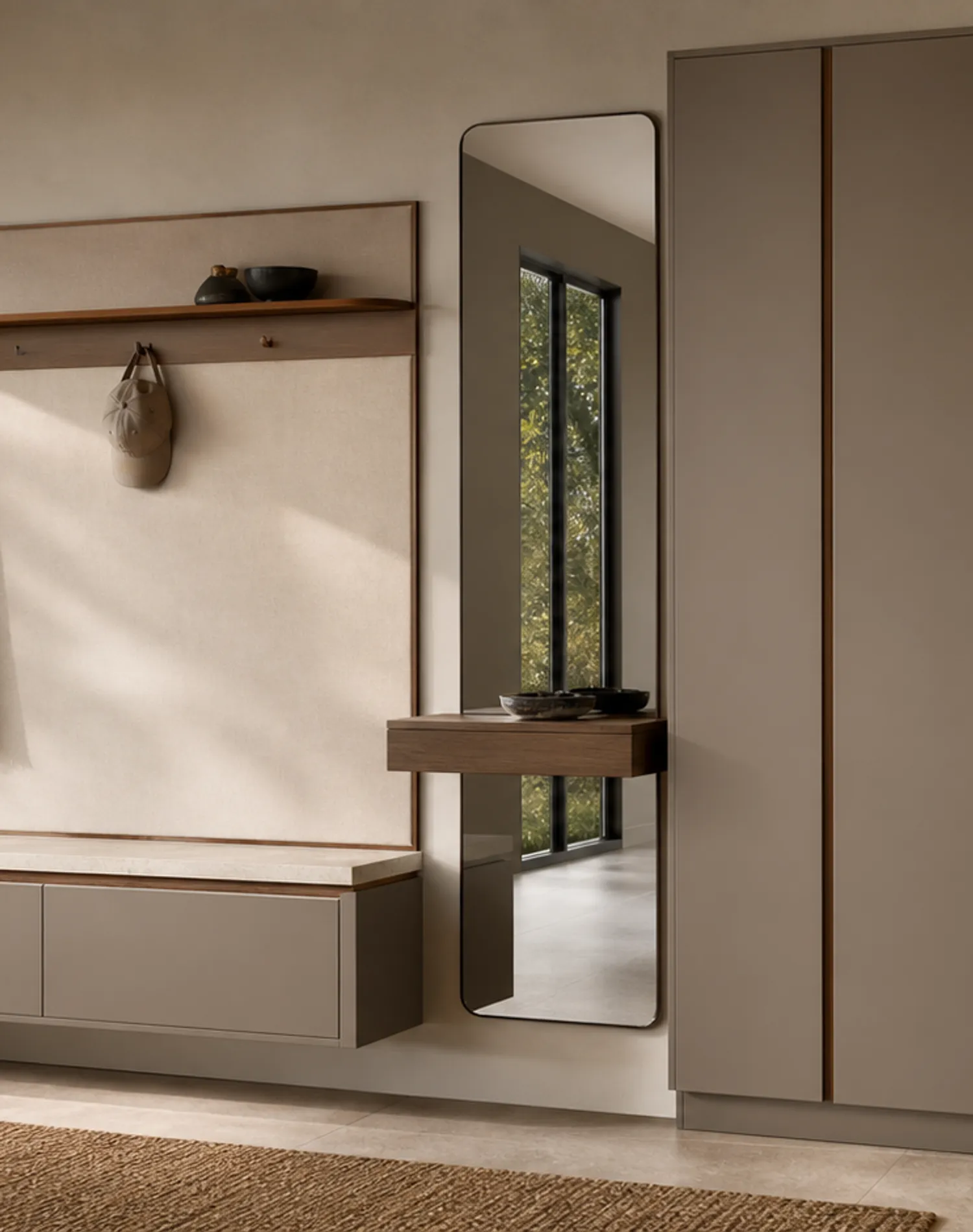 Fadior Ecliptic Entryway Suite with Floating Valet Mirror Pier — lifestyle setting with natural light and residential styling