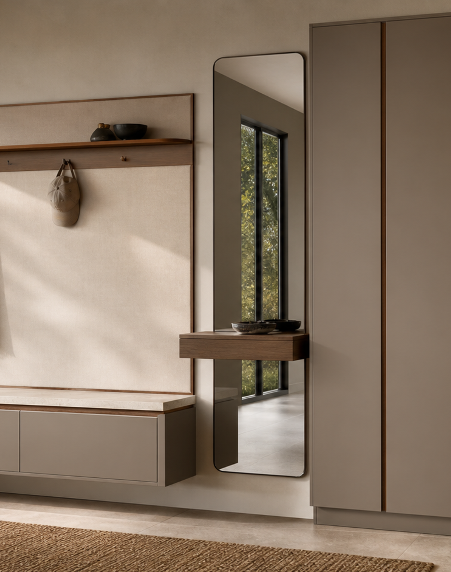 Fadior Ecliptic Entryway Suite with Floating Valet Mirror Pier — lifestyle setting with natural light and residential styling