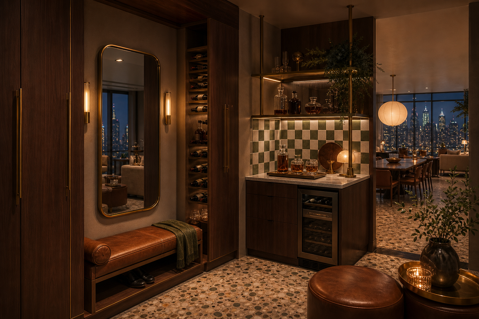 Fadior Dubai Skyline Penthouse — Dubai wardrobe and wine bar with walnut panels, brass shelves, leather bench, mirror,