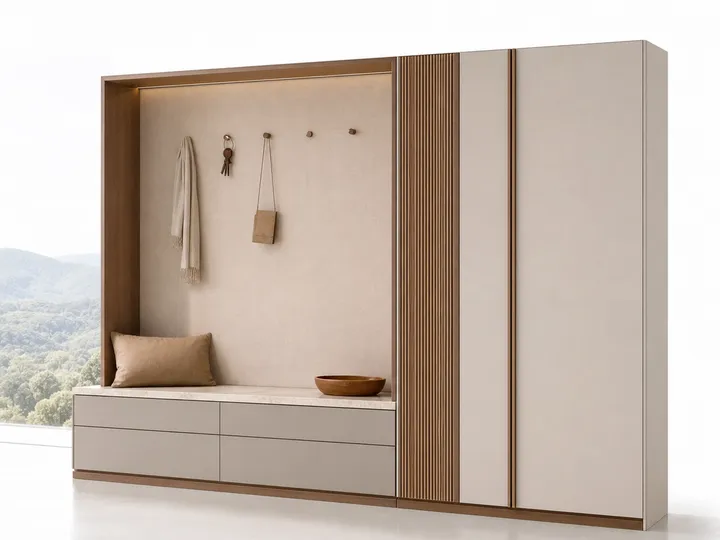 Fadior Loggia Entryway Suite with Linen Pivot Sorting Wall — 304 stainless steel entryway system, front view